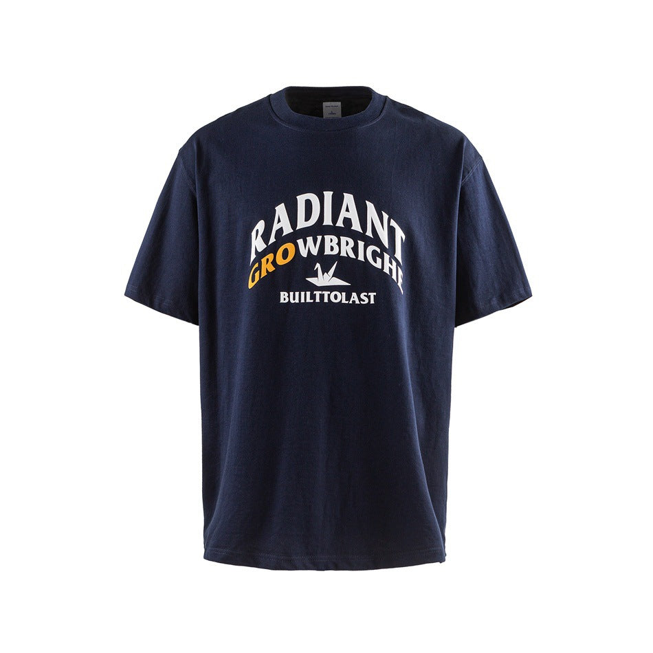 Navy blue short-sleeve crew-neck T-shirt with a white and orange arched chest graphic and origami crane motif
