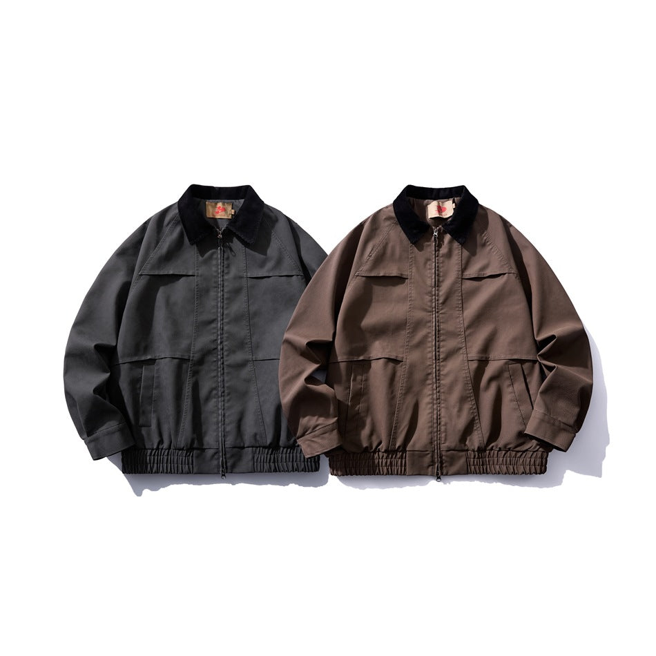 Two front views of the same jacket, in charcoal gray and brown, with black collars and gathered hems.