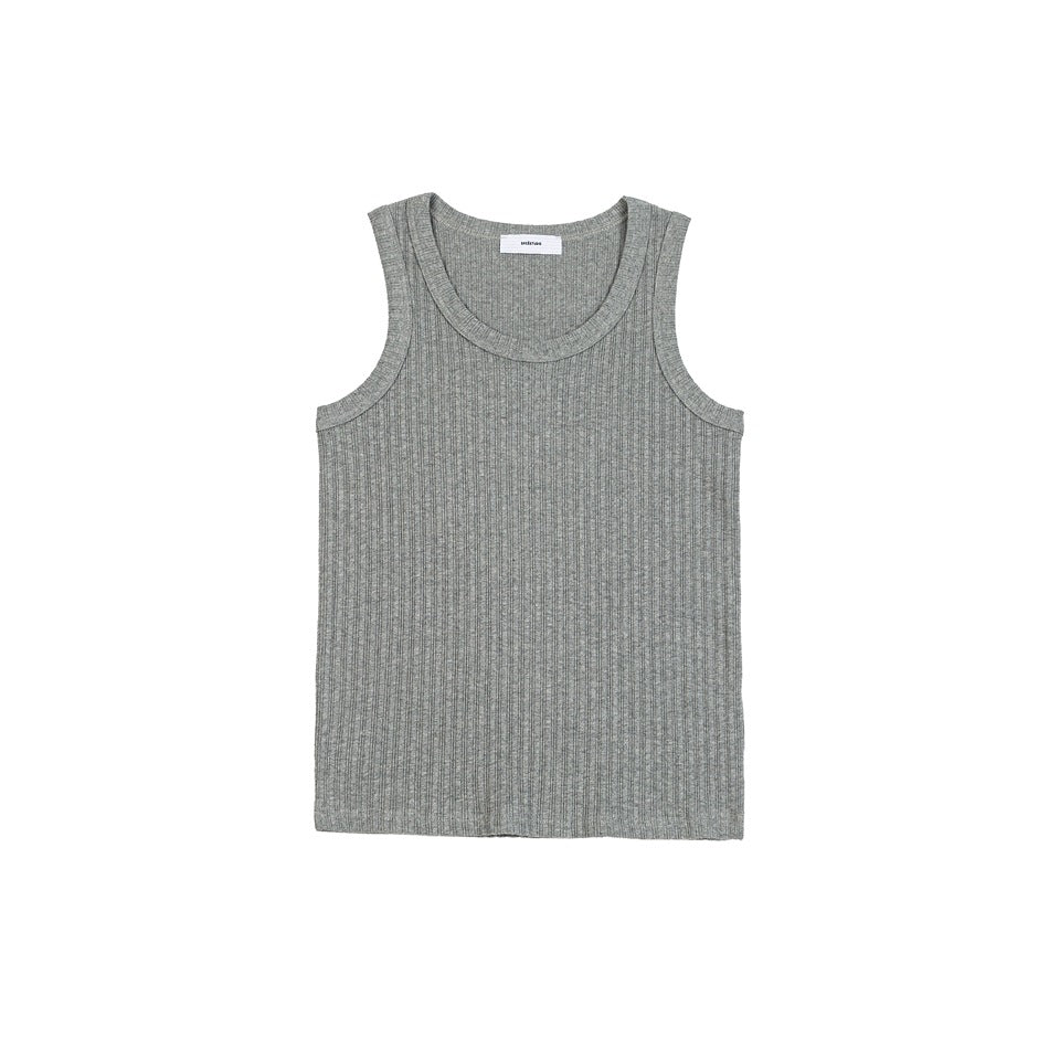 Light gray ribbed sleeveless tank top with scoop neckline, flat lay front view