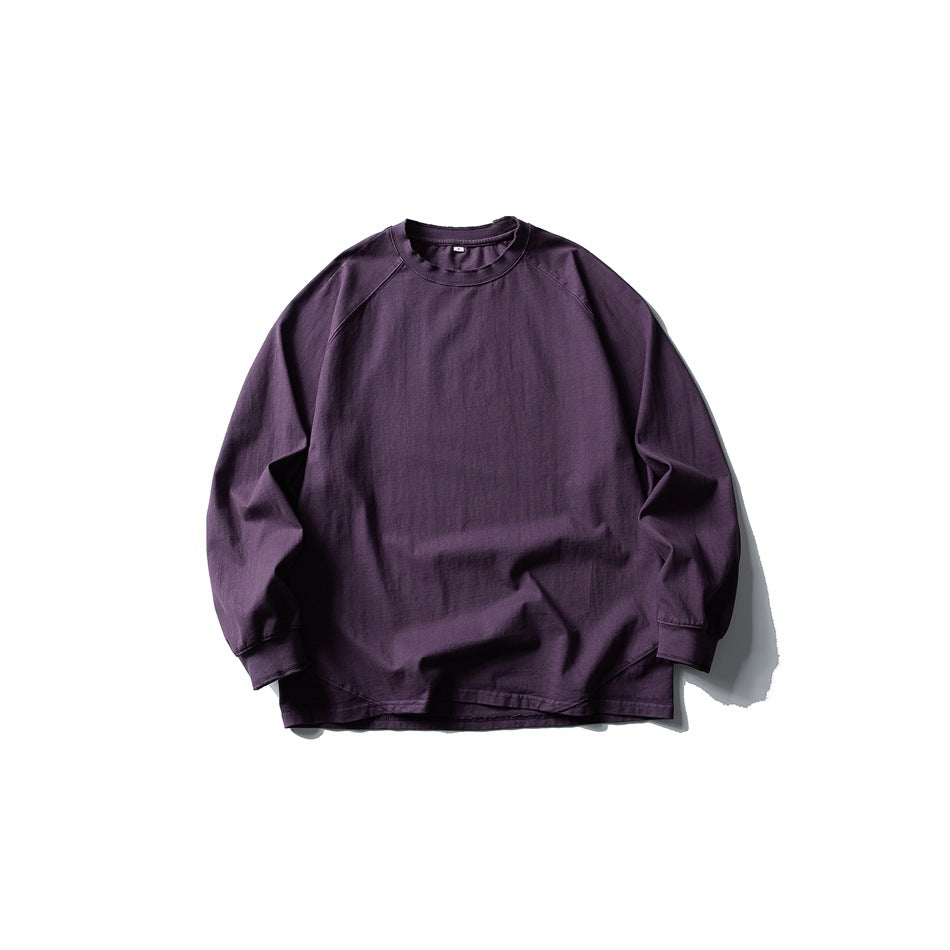 Purple long-sleeve raglan crew-neck T-shirt flat lay, front view