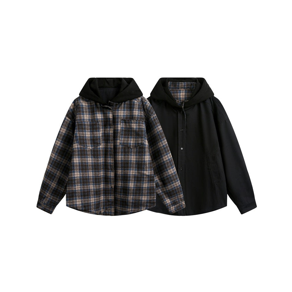 Reversible hooded jacket shown plaid side and black side, brown navy beige plaid with black hood