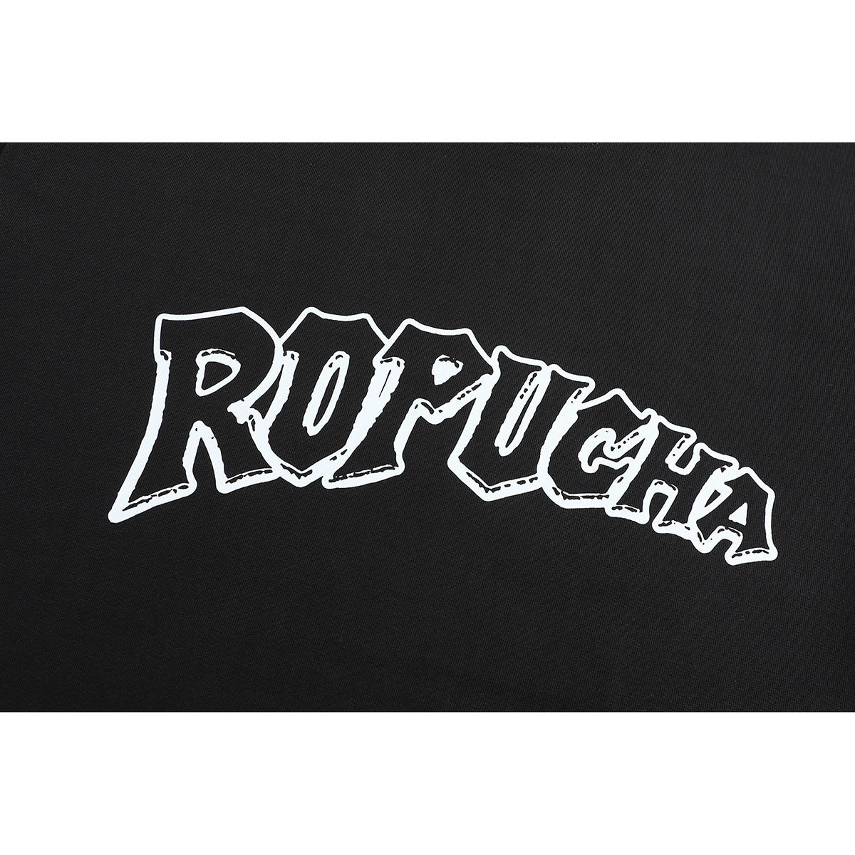 Close-up of a white outlined, stylized letter graphic printed on black T-shirt fabric.