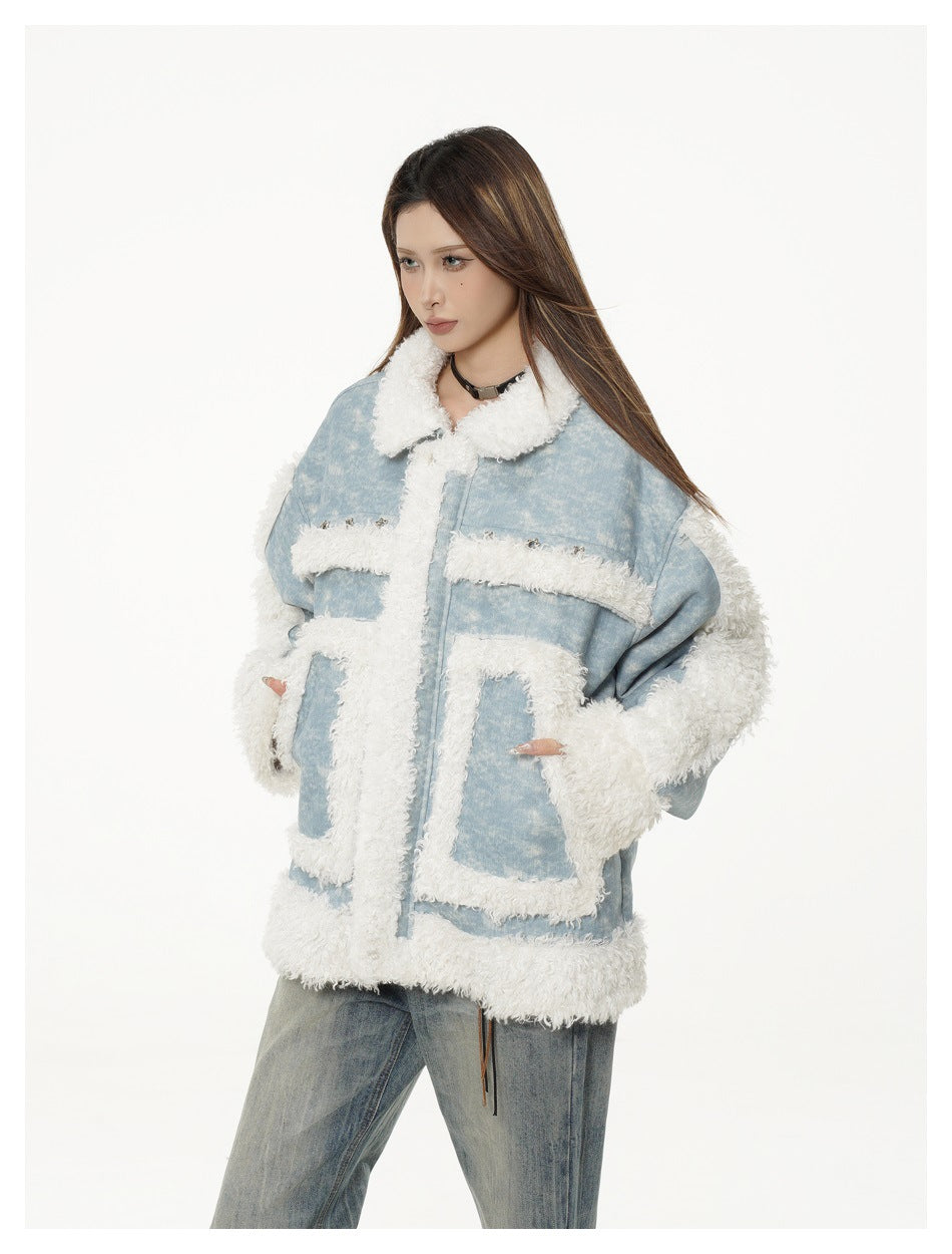 Model in a light blue jacket with white pile trim, angled three-quarter view with hands in the front pockets