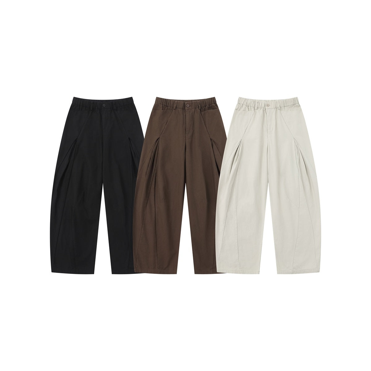 Three pairs of wide-leg pants shown from the front in black, dark brown, and cream.