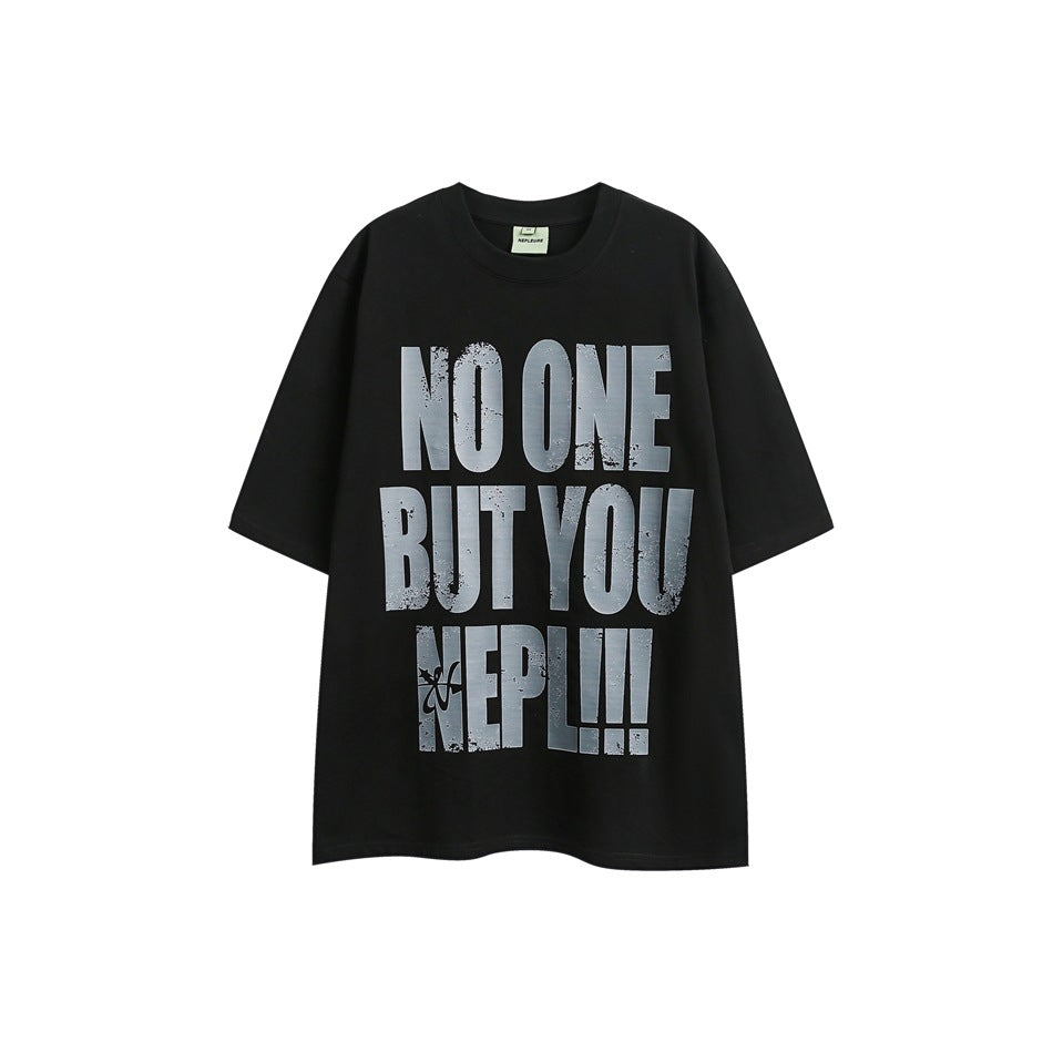 Black short-sleeve crew-neck T-shirt with large gray distressed NO ONE BUT YOU NEPL!!! print, front view
