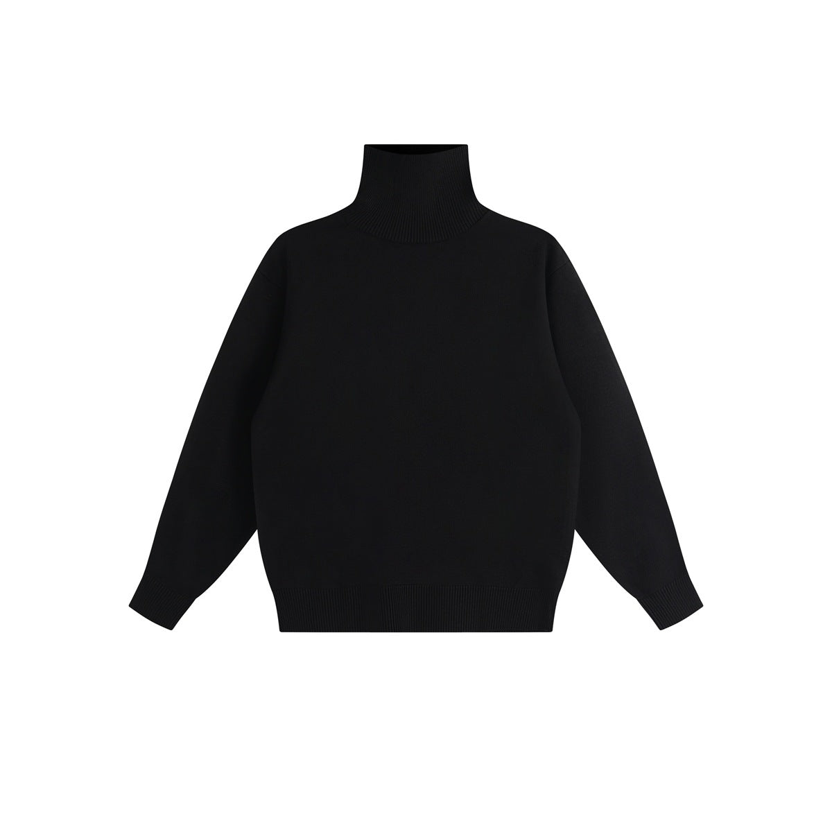 Black knit turtleneck sweater with ribbed collar, cuffs and hem, shown flat on white