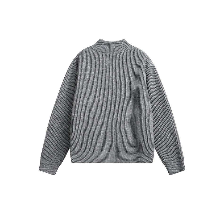 Back view of a gray rib-knit cardigan with long sleeves and a stand collar, shown flat.