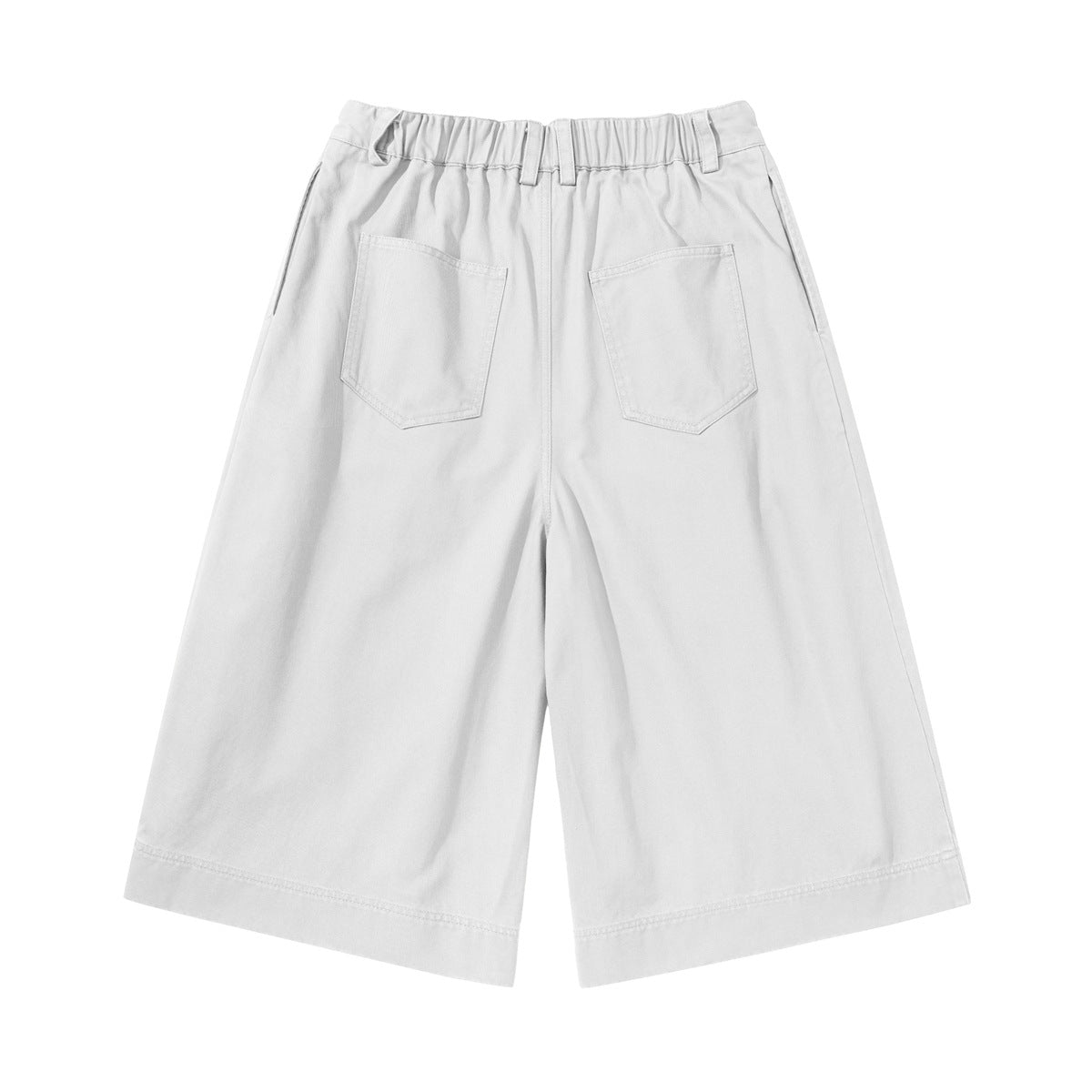 White wide-leg knee-length shorts, back view, with elastic waistband and two patch pockets