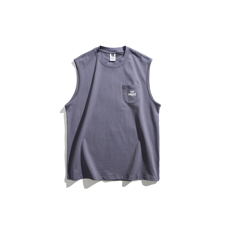 Gray sleeveless crew-neck shirt with a small printed chest pocket, shown flat against a white background.
