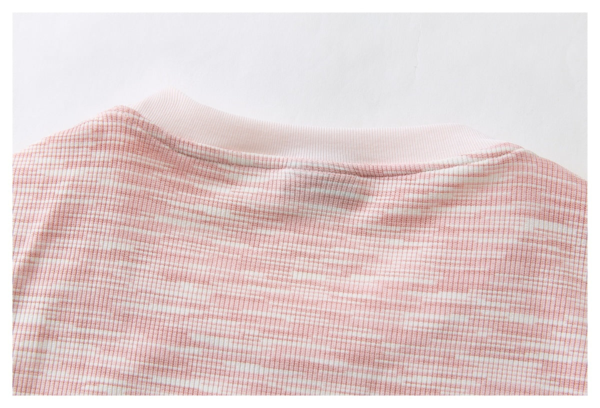 Cropped rear view of a pink-and-white striped ribbed top with a pale pink crew neck.