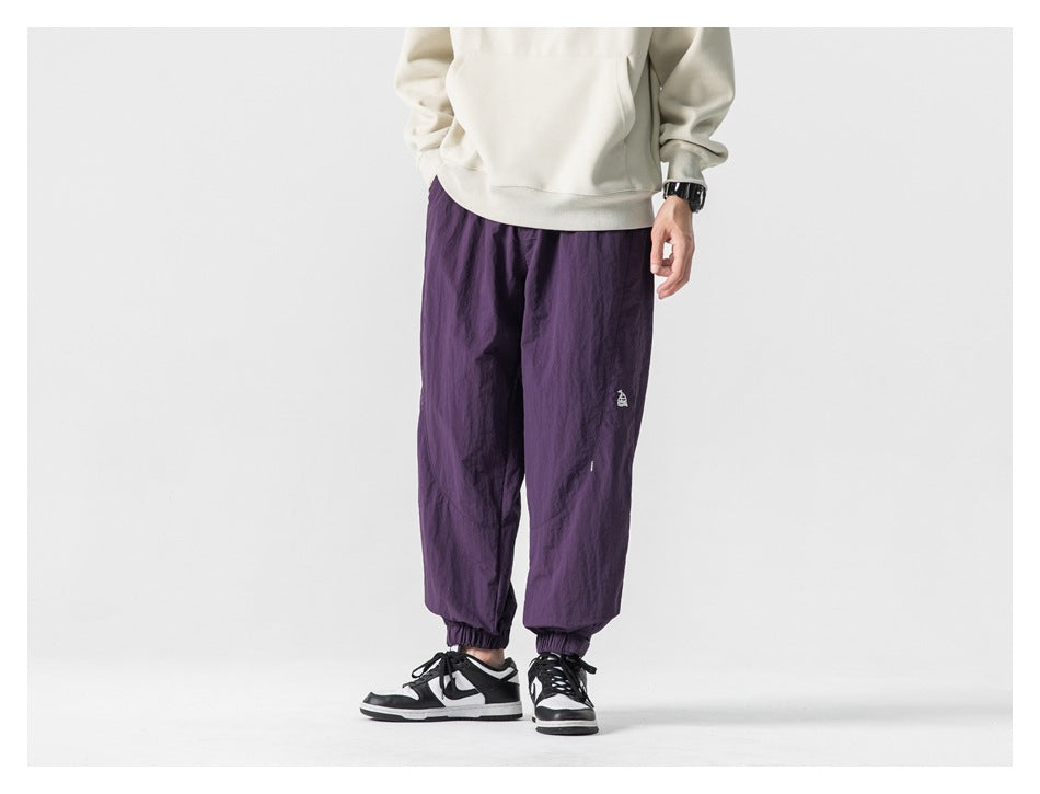 Model wearing deep purple loose-fit jogger pants with elastic cuffs and a small embroidered emblem, front view.