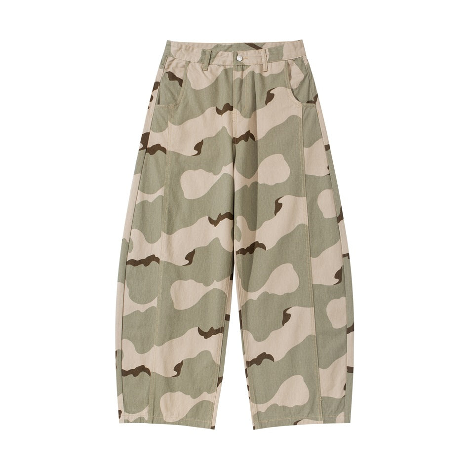 Front of desert camouflage wide-leg pants in beige, sage green and brown with button waist and side pockets