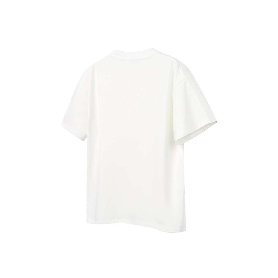 White short-sleeve crew-neck T-shirt, back view, plain with dropped shoulders