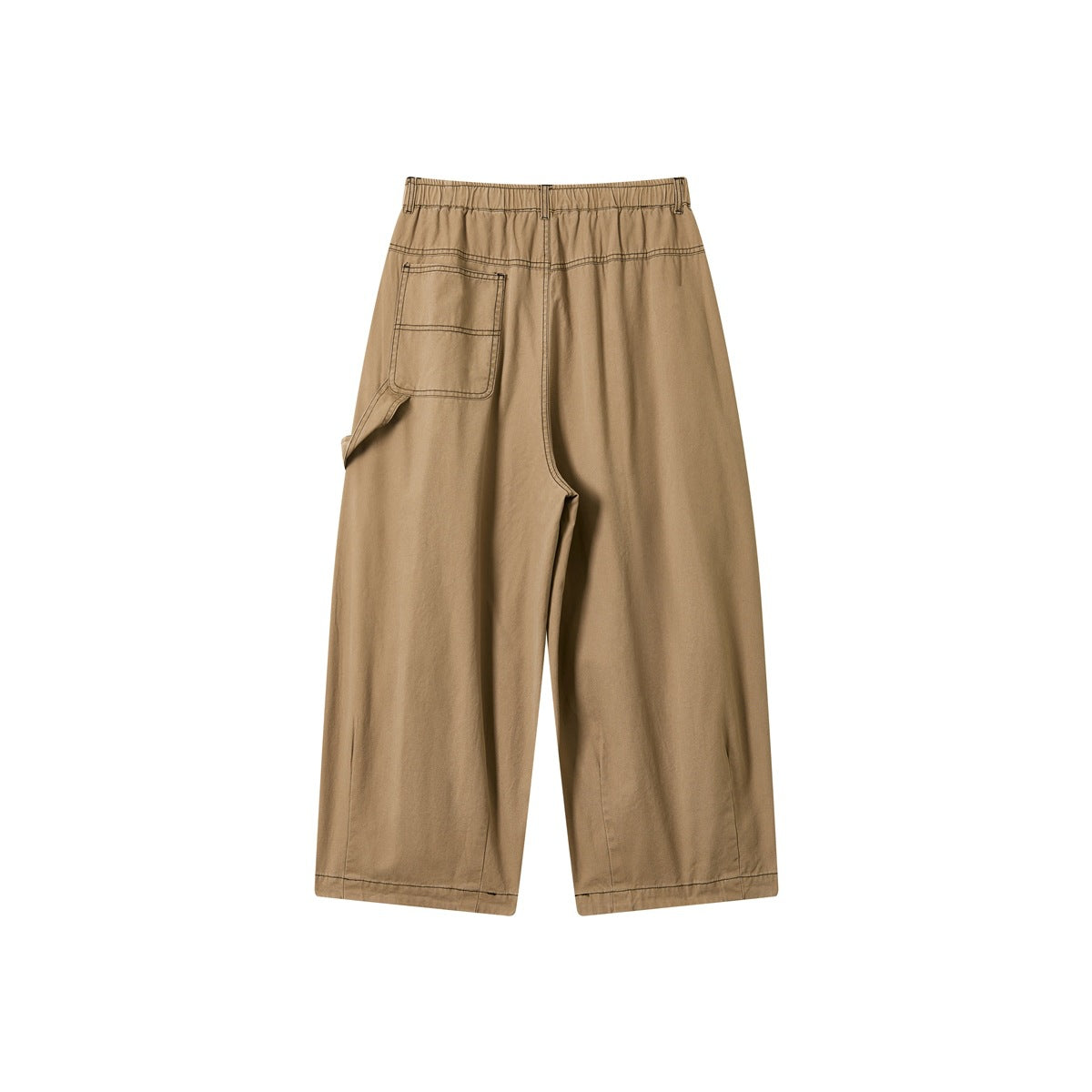 Full rear view of tan wide-leg pants with an elastic waistband, a large patch pocket, and contrast stitching.