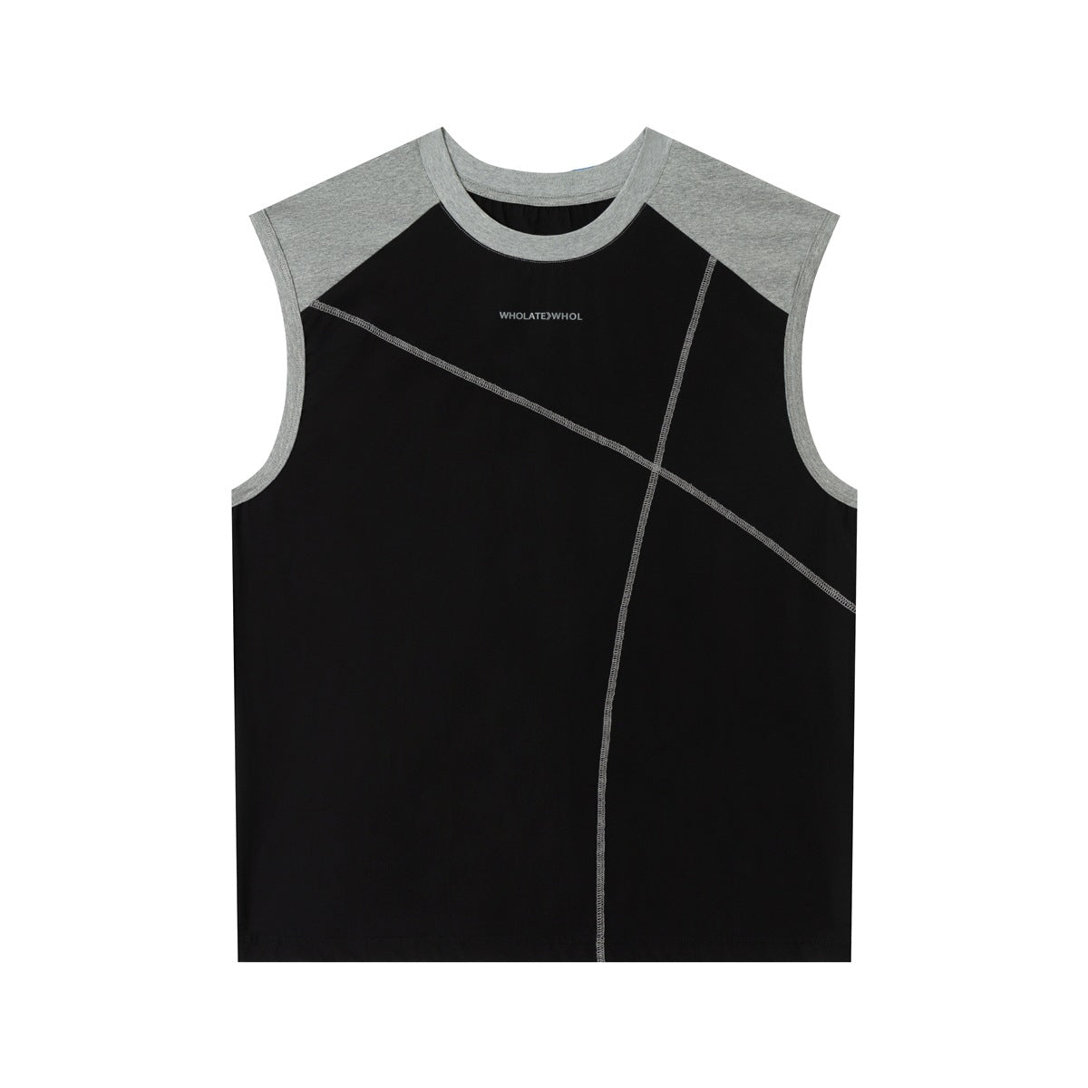 Black sleeveless tank top with heather gray raglan shoulders and diagonal gray contrast stitching, front view