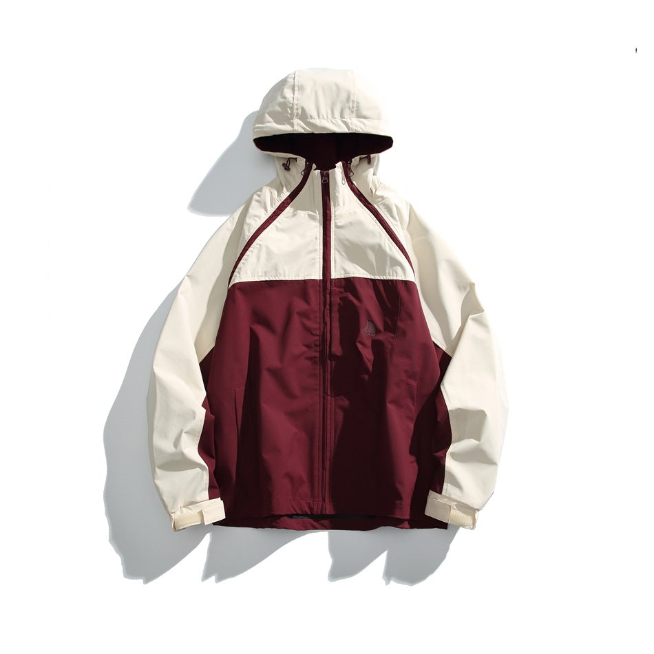 Red and white hooded color-block jacket, burgundy body with cream sleeves and yoke, flat lay front view