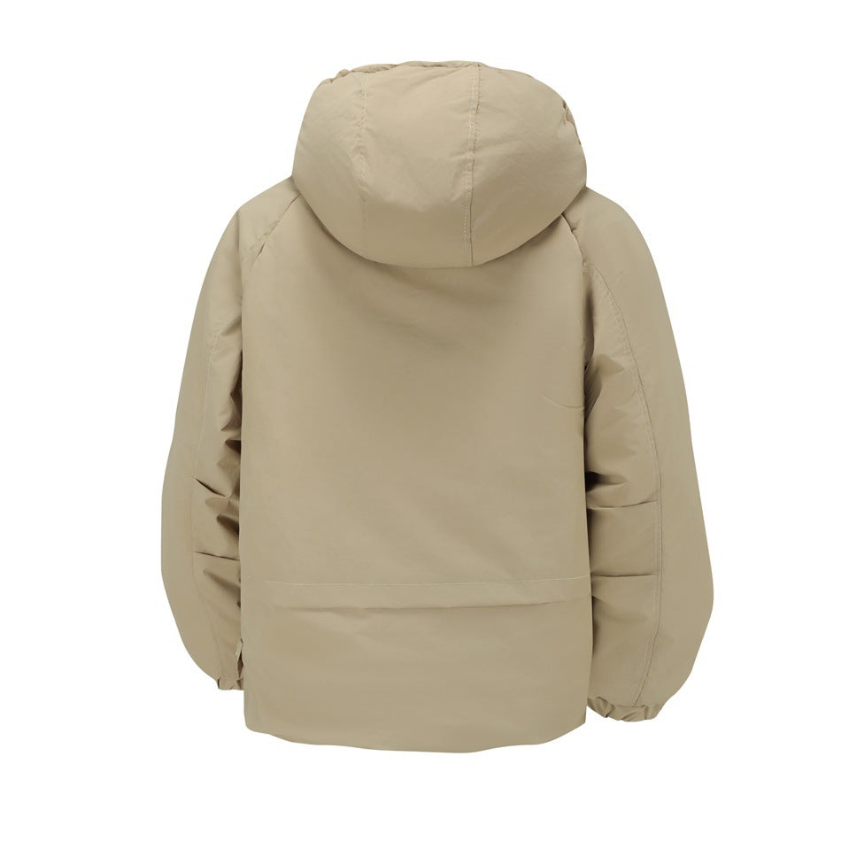 Khaki hooded padded jacket, back view, with raglan sleeves and horizontal seam panel near the hem