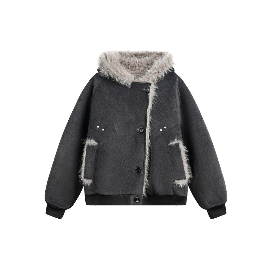 Dark gray hooded jacket with fluffy fur-like trim on hood, front edge and pockets, button front, ribbed cuffs