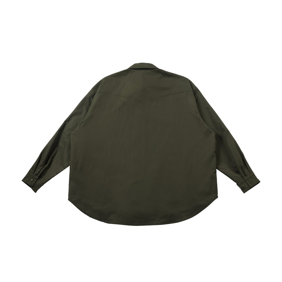 Back view of a dark olive long-sleeve button-up shirt with a pointed yoke seam and curved hem.