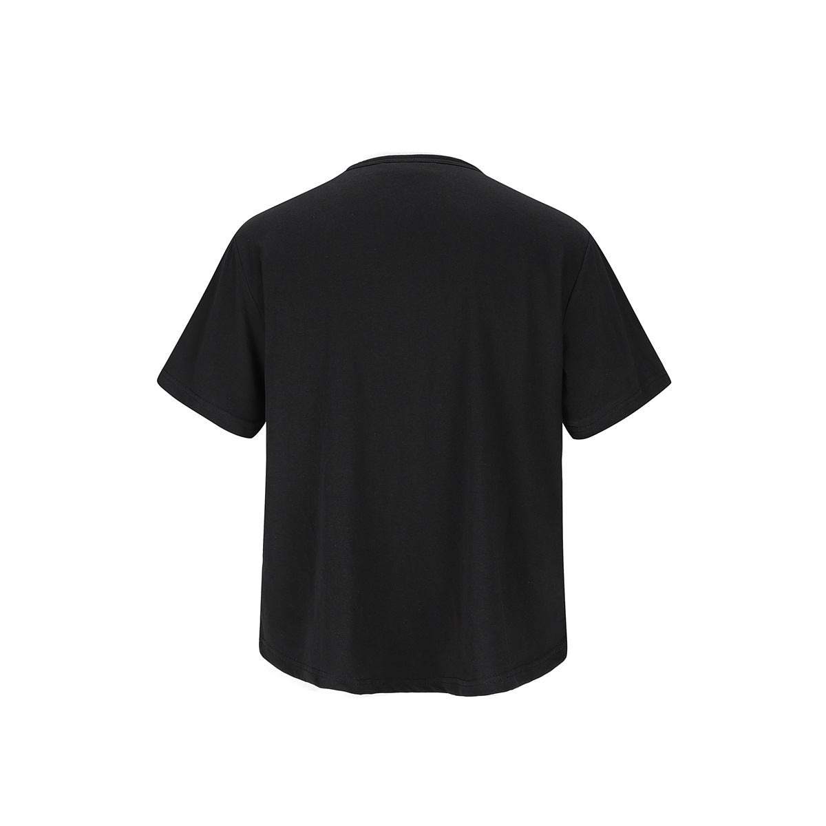 Back view of a plain black short-sleeve crew-neck shirt against a white background.