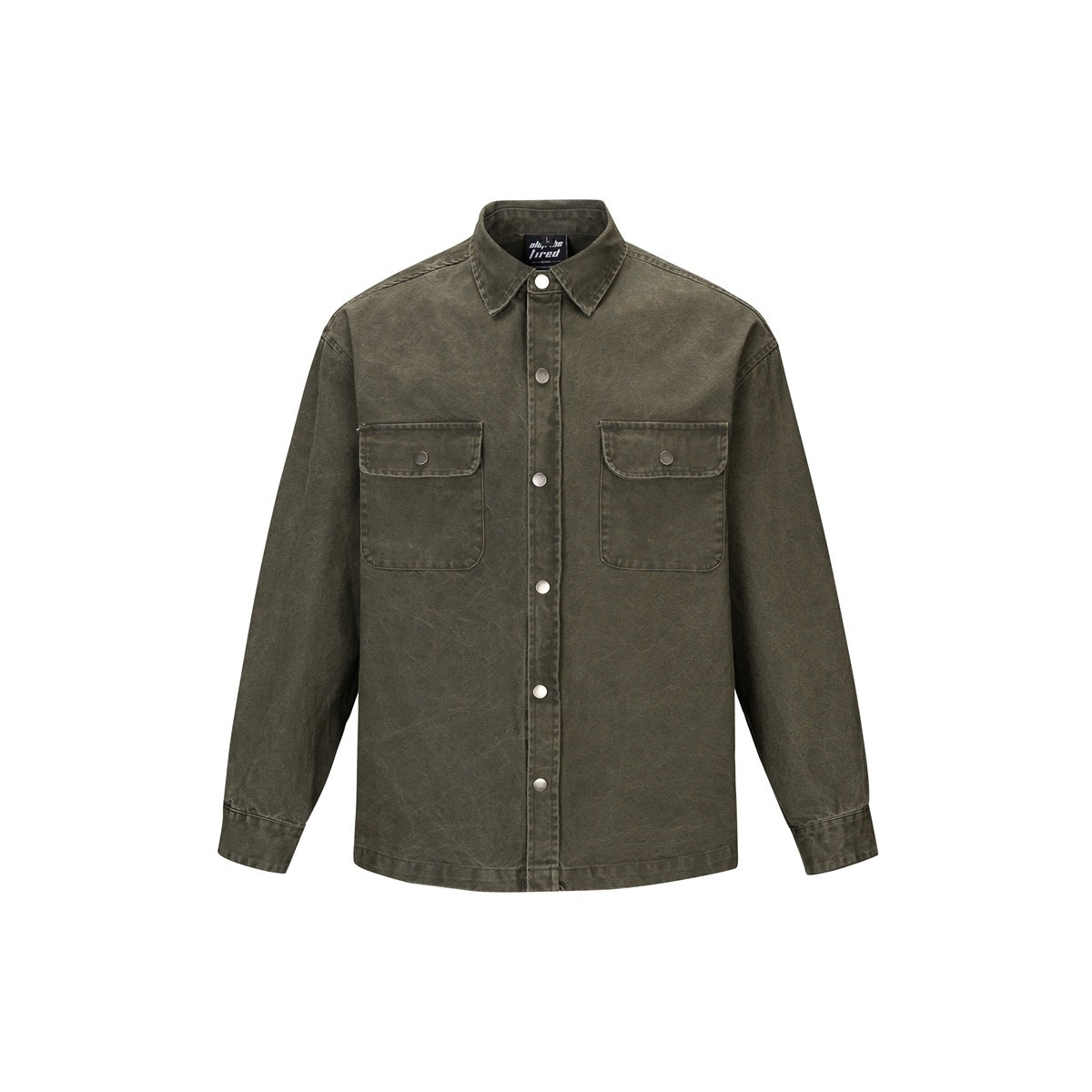 Army green washed long-sleeve work shirt with two snap flap chest pockets and snap front, flat front view