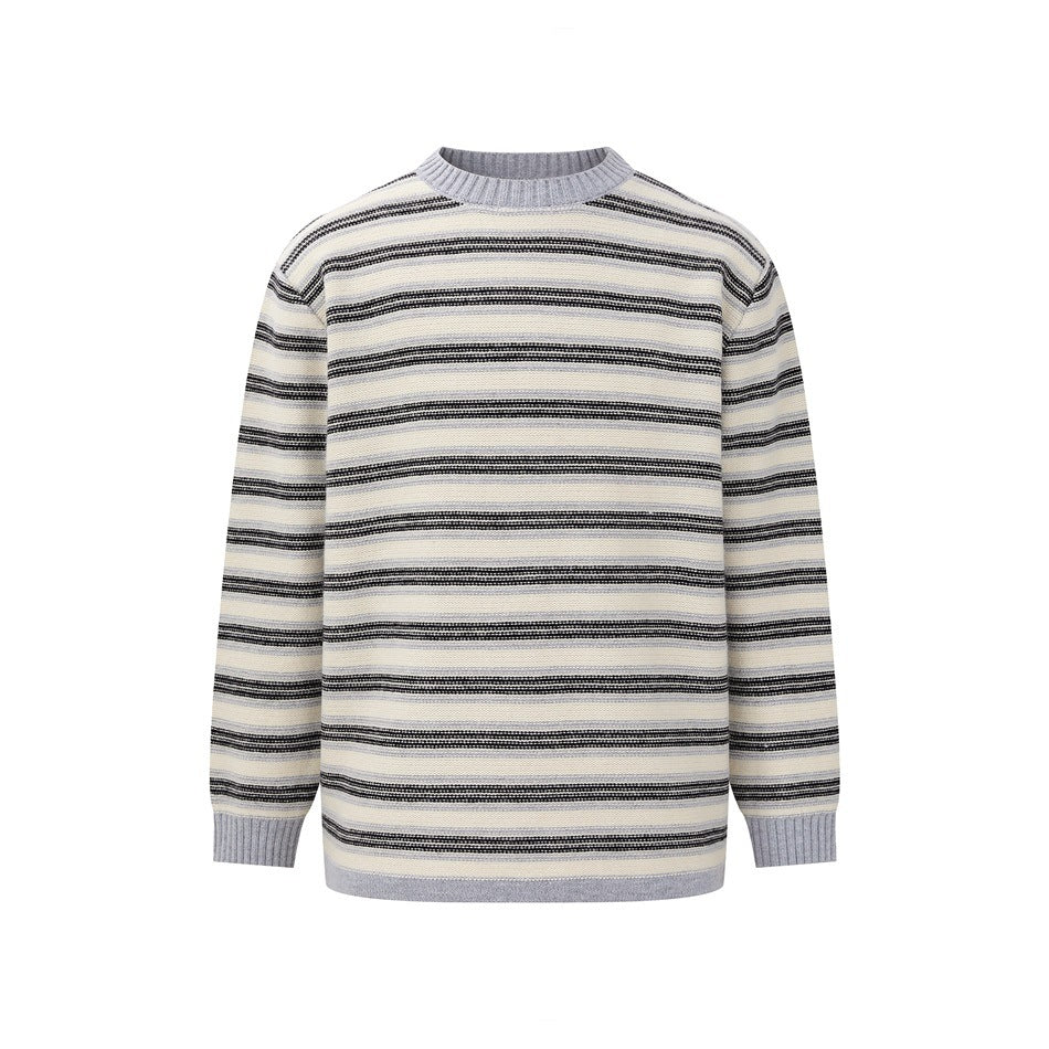 Flat-lay front of a cream crew-neck sweater with black and gray stripes and gray ribbed collar, cuffs and hem