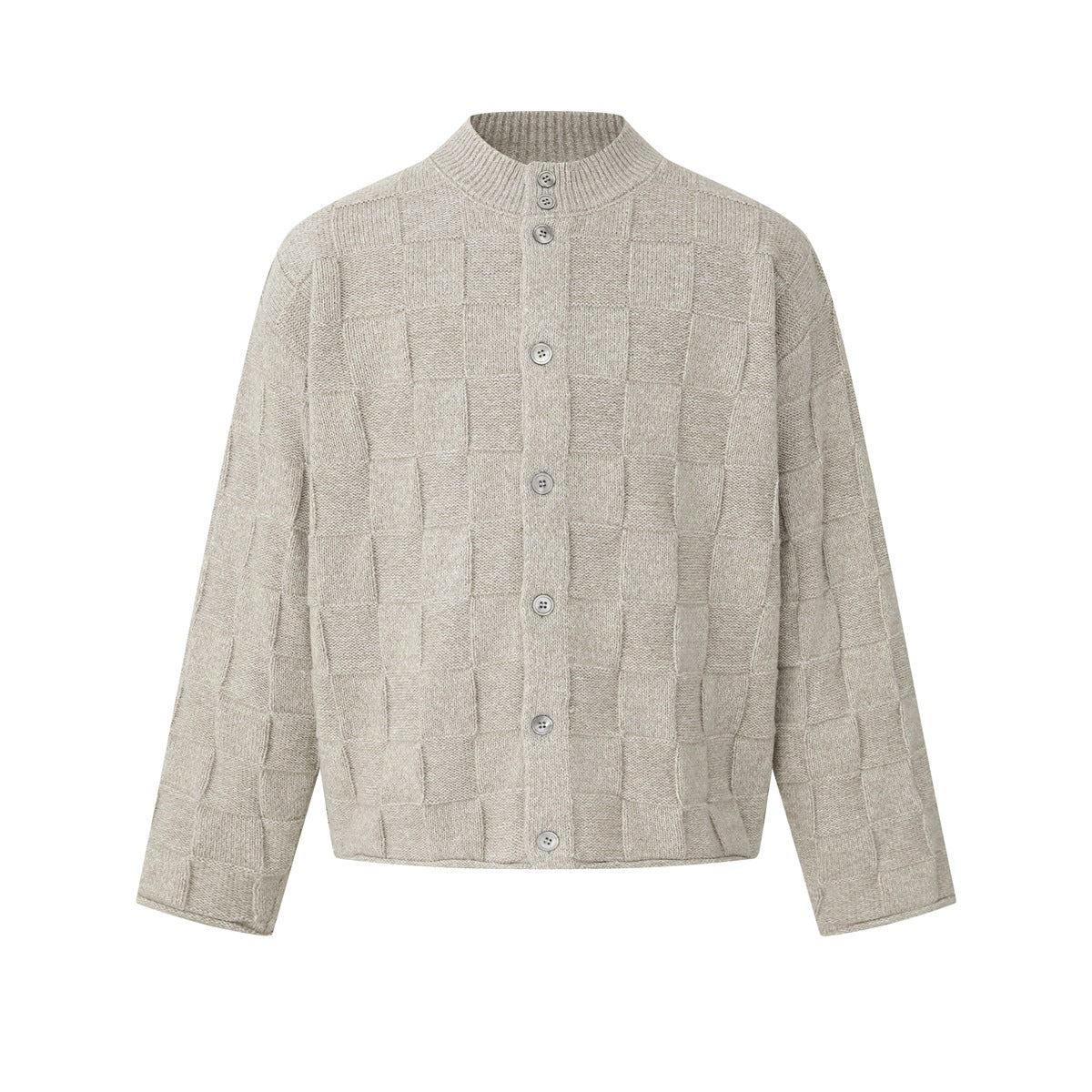 Light oatmeal beige button-front knit cardigan with ribbed mock neck and checkerboard texture, flat front view