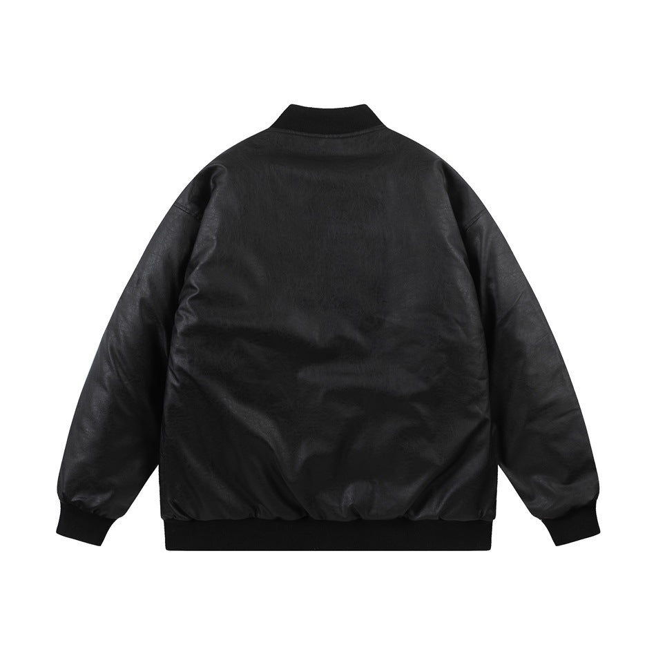 Back view of a black faux-leather-look bomber jacket with ribbed collar, cuffs and hem