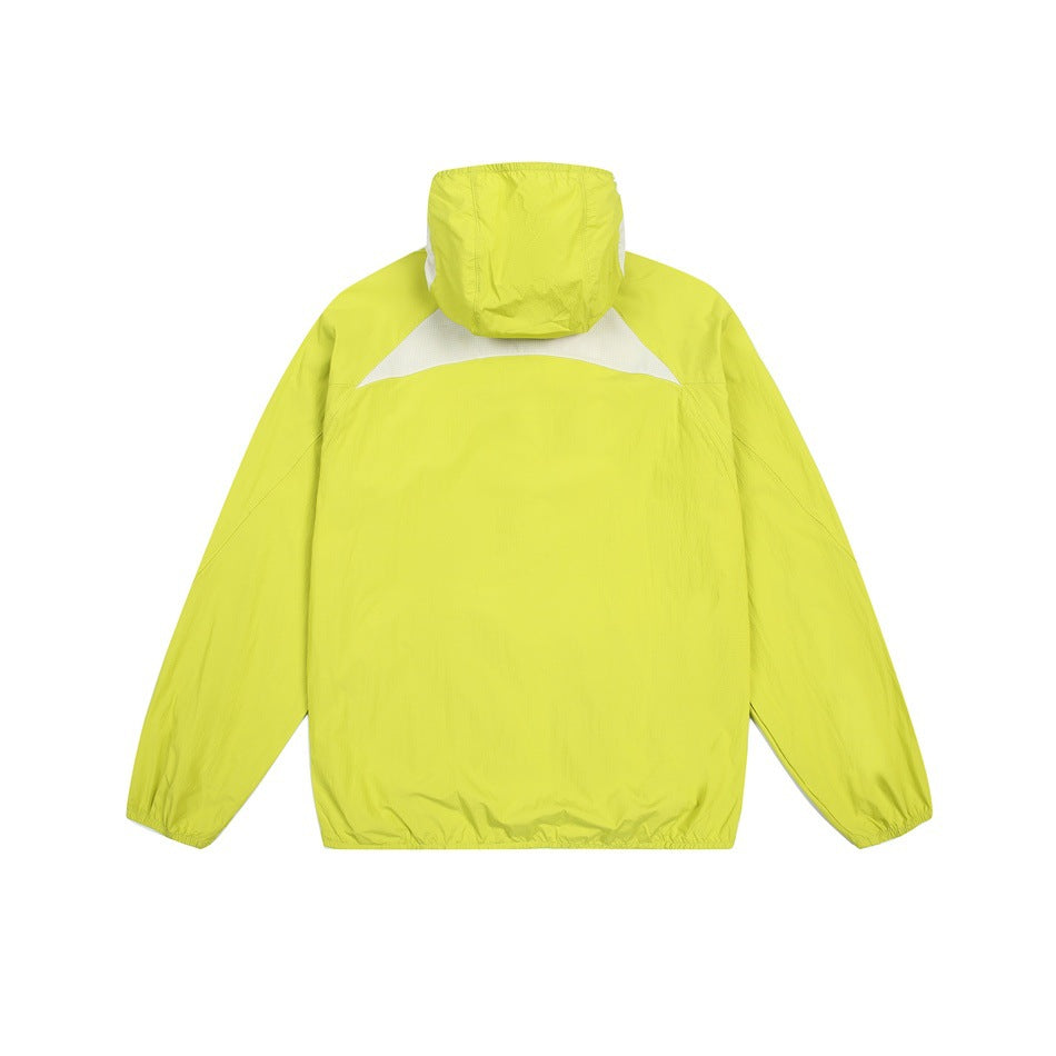 Back view of a lime hooded jacket with a white shoulder panel, laid flat against a white background.