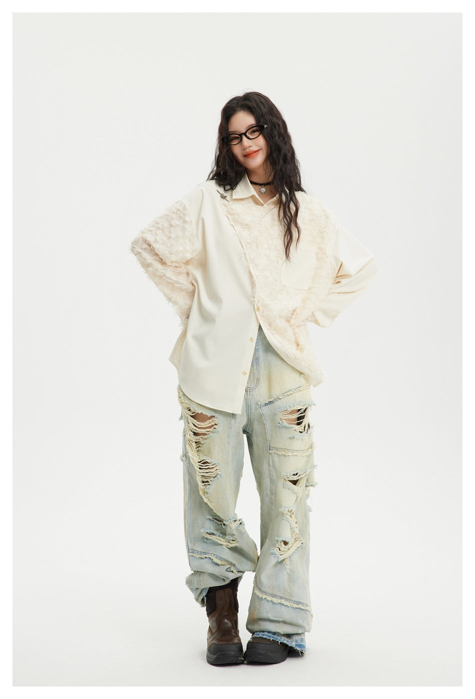Front view of a model in an oversized ivory shirt with shaggy textured panels and a chest pocket.
