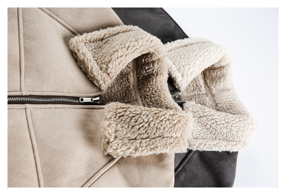 Close-up of taupe and charcoal jackets showing plush fleece collars and front zipper details.