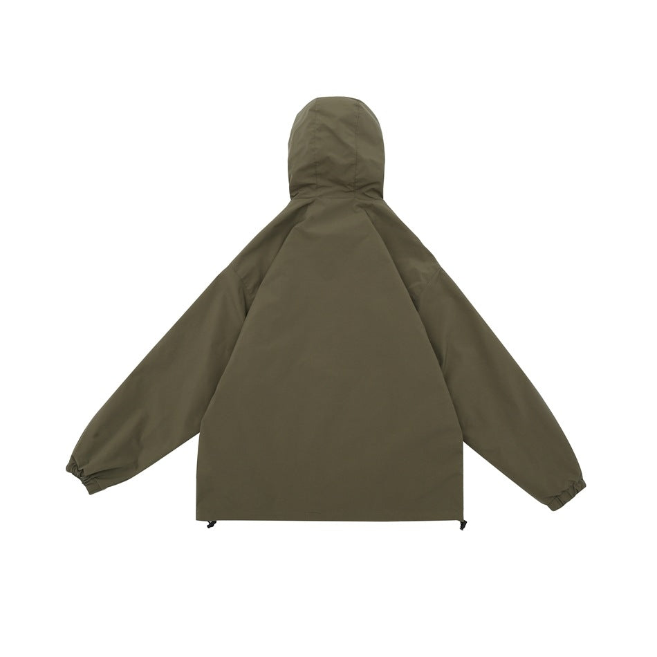 Rear view of an olive hooded jacket with long sleeves, elastic cuffs and adjustable hem.