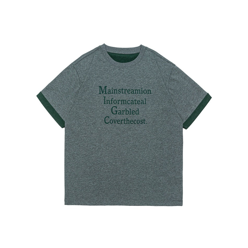 Gray green heathered crew-neck T-shirt with dark green text print and dark green sleeve cuffs, flat front view
