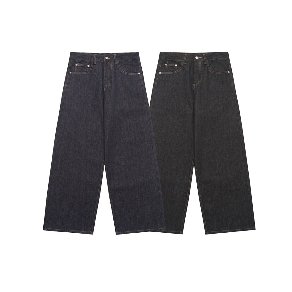 Two pairs of wide-leg jeans shown from the front in dark indigo and black, with contrast stitching.
