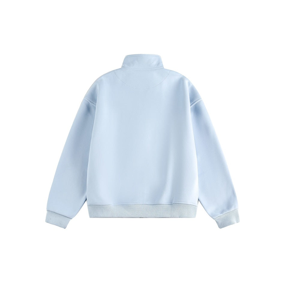 Back view of light blue stand-collar jacket with ribbed cuffs and hem and a curved yoke seam