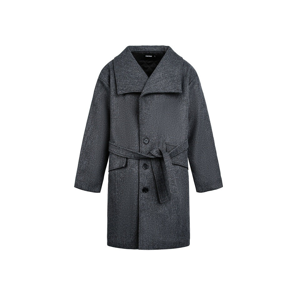 Gray heathered mid-length belted coat with wide collar, button front and flap pockets, flat front view