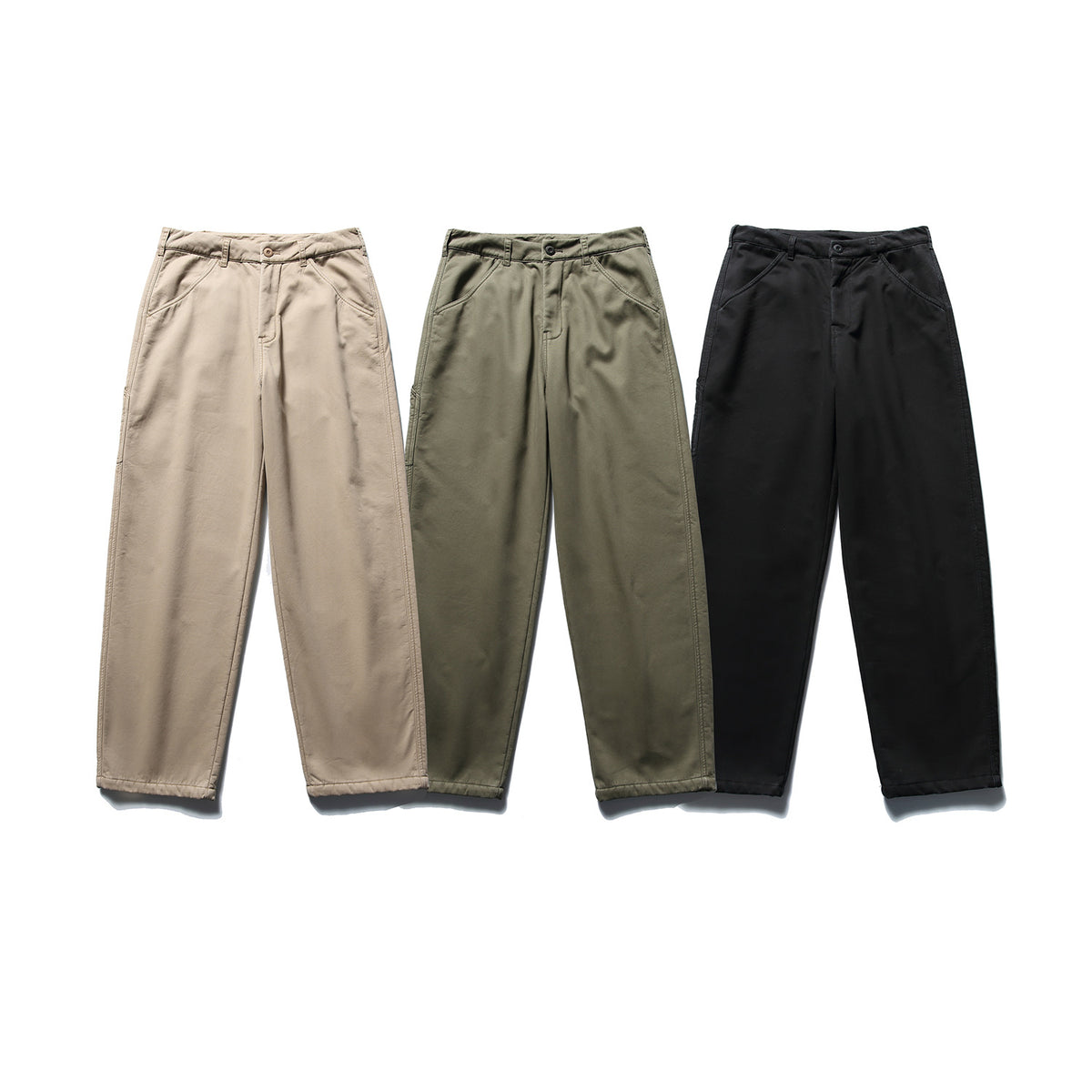 Three pairs of full-length trousers shown from the front in beige, olive green, and black.