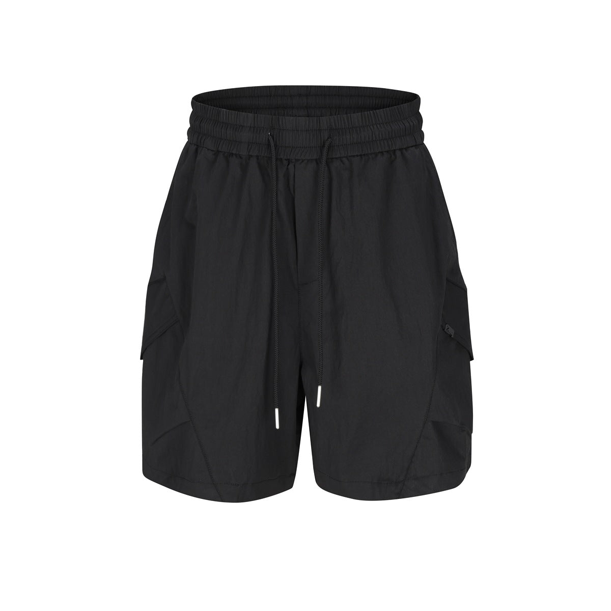 Black cargo shorts with drawstring waist and side flap pockets, flat front view on white background