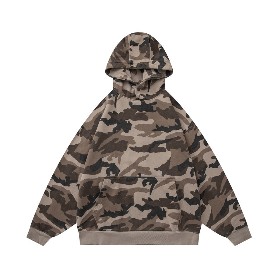 Light tan and brown camouflage pullover hoodie flat lay, front view with hood, pouch pocket and ribbed hem