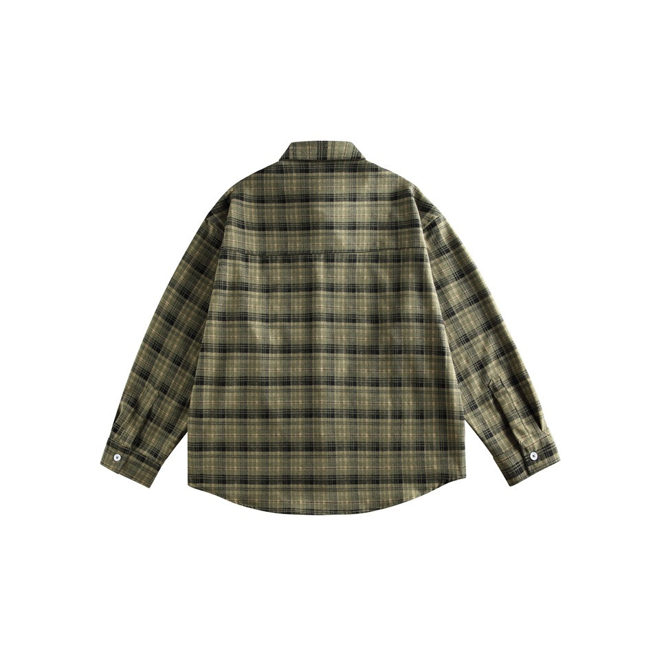 Back view of an olive and dark plaid long-sleeve button-up shirt on a white background.