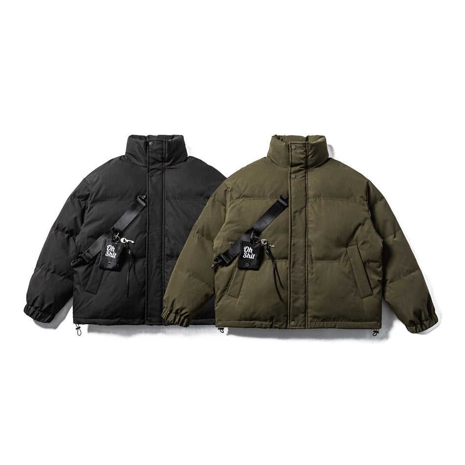 Black and olive padded jackets displayed side by side, each with a high collar and crossbody pouch.