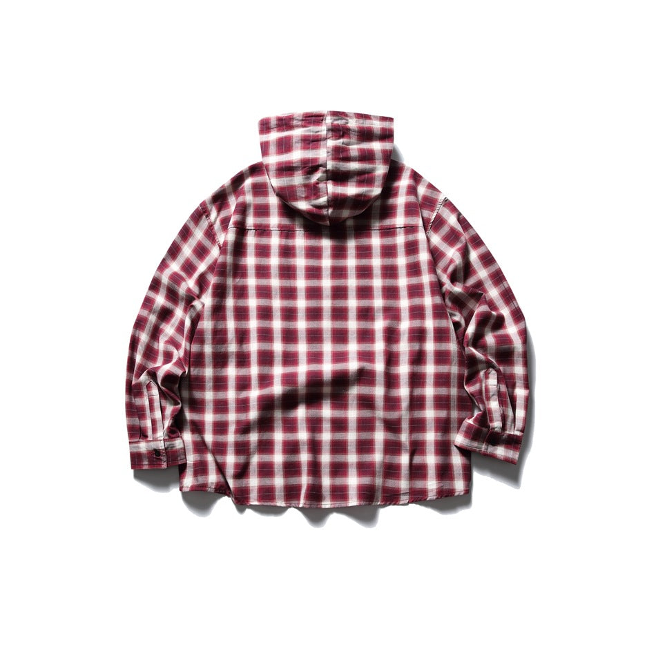 Back view of a red, black, and white plaid hooded shirt displayed flat against a white background.