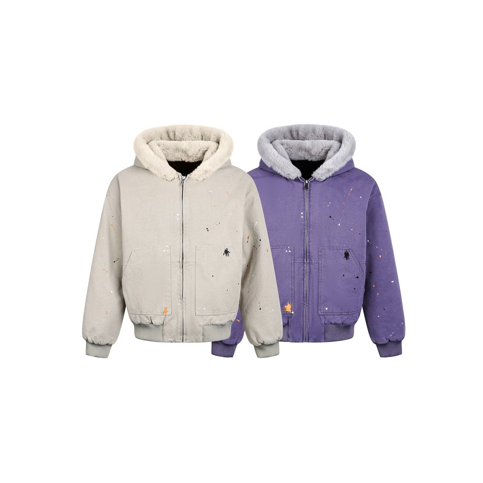 Two front-view zip jackets, one light beige and one purple, with plush-lined hoods, front pockets, and scattered marks.