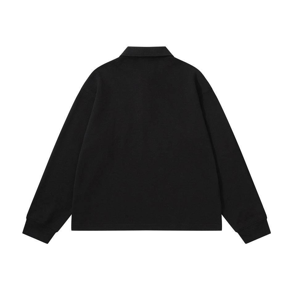 Black long-sleeve polo-collar top, flat lay back view with ribbed cuffs and plain back