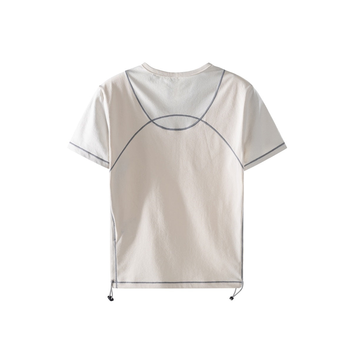 Back of an off-white short-sleeve shirt with gray curved piping and adjustable hem cords.