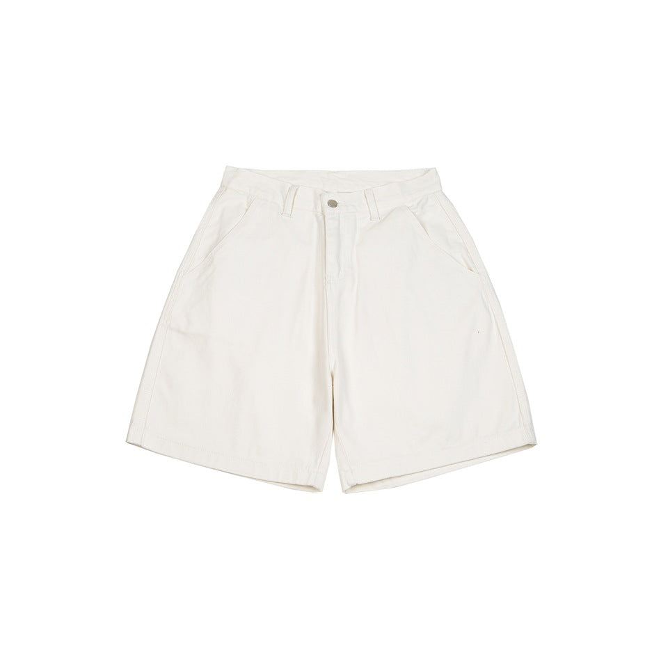 Front view of off-white wide-leg denim shorts with belt loops, a button closure, and slanted pockets.