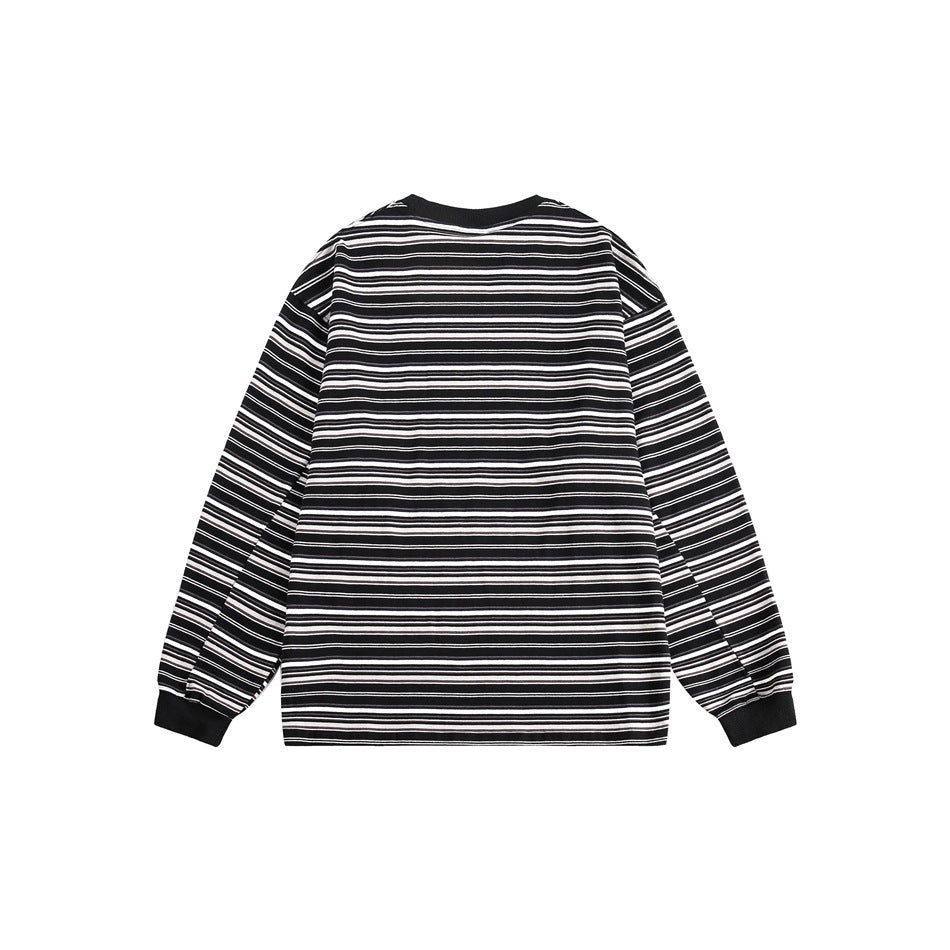 Back view of a black long-sleeve shirt with narrow white horizontal stripes and black ribbed collar and cuffs.