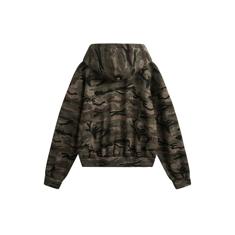 Back view of a brown, olive and black camouflage hoodie displayed flat, with hood, ribbed cuffs and hem.