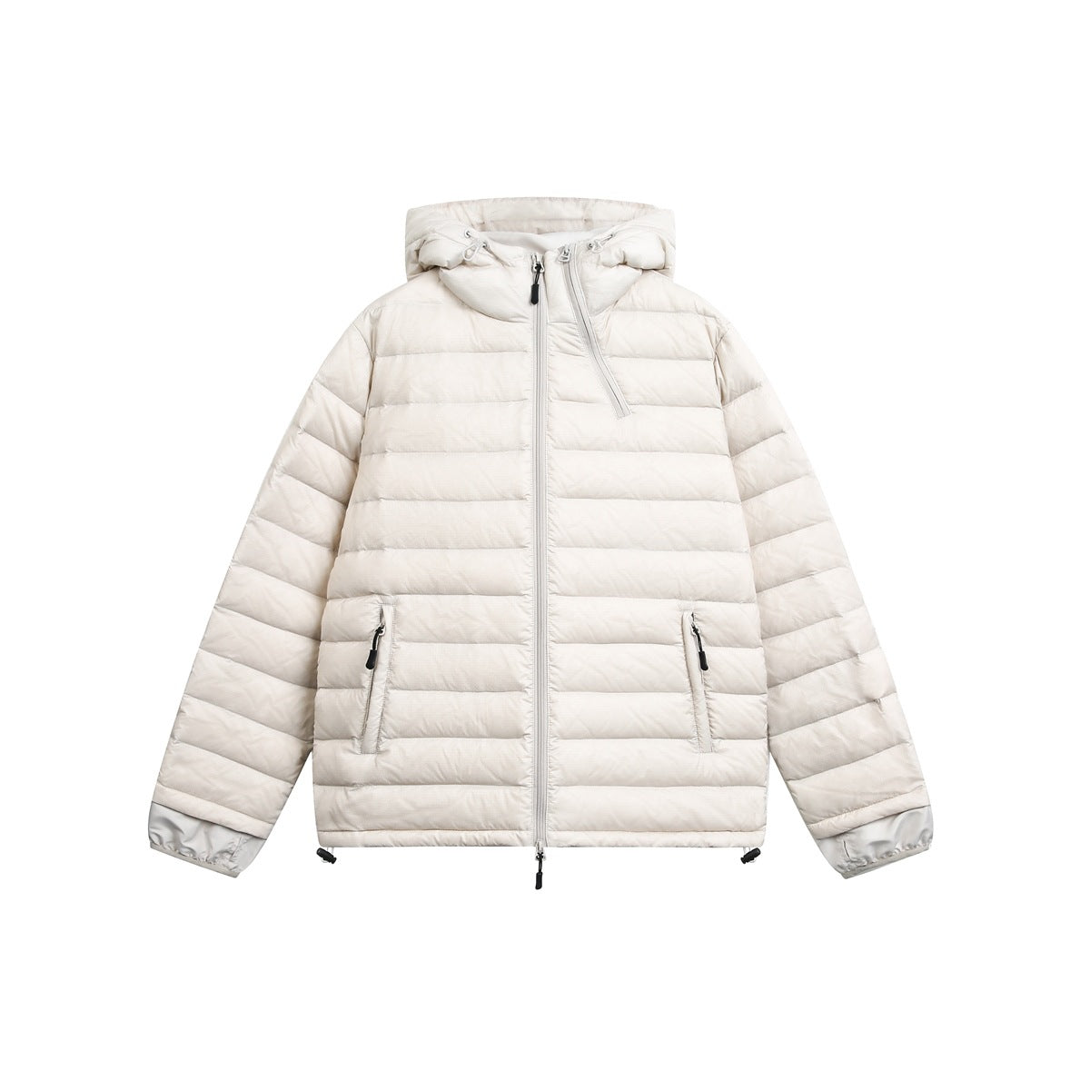 Off-white hooded quilted jacket, flat front view with zipper, zip pockets and light gray cuffs