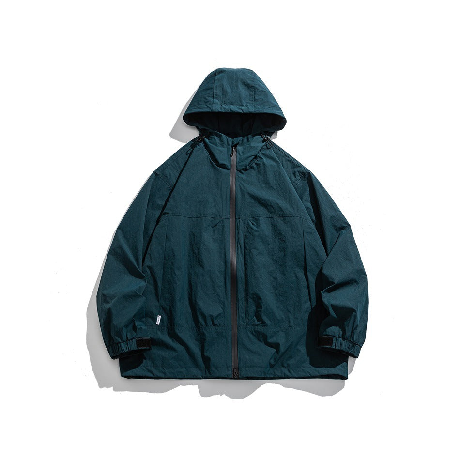 Teal green hooded zip-up jacket with crinkled finish, flat front view